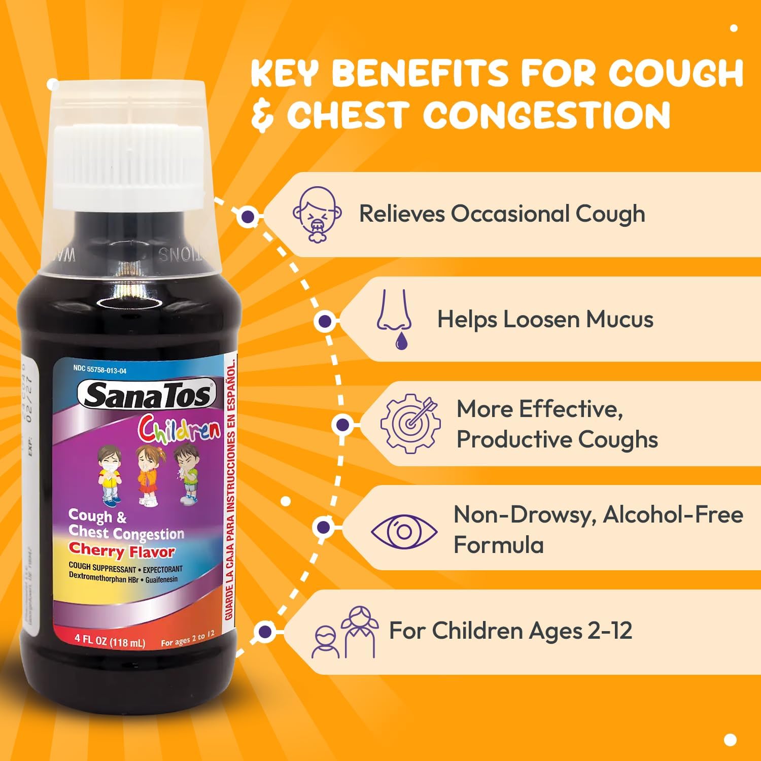 SanaTos Non Drowsy Children Mucus Cough & Chest Congestion Relief, Cherry Flavor 4oz - Image 3