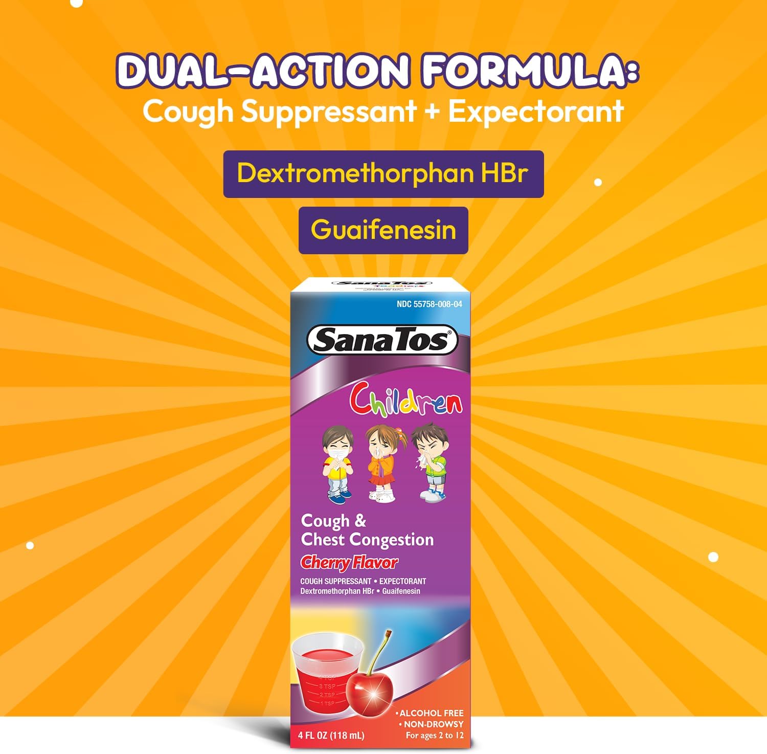 SanaTos Non Drowsy Children Mucus Cough & Chest Congestion Relief, Cherry Flavor 4oz - Image 5