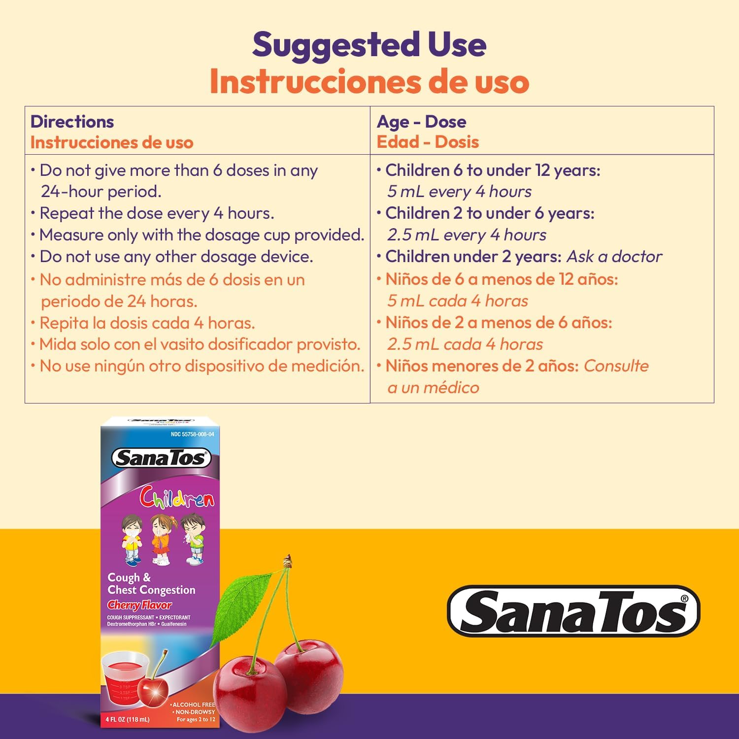 SanaTos Non Drowsy Children Mucus Cough & Chest Congestion Relief, Cherry Flavor 4oz - Image 6
