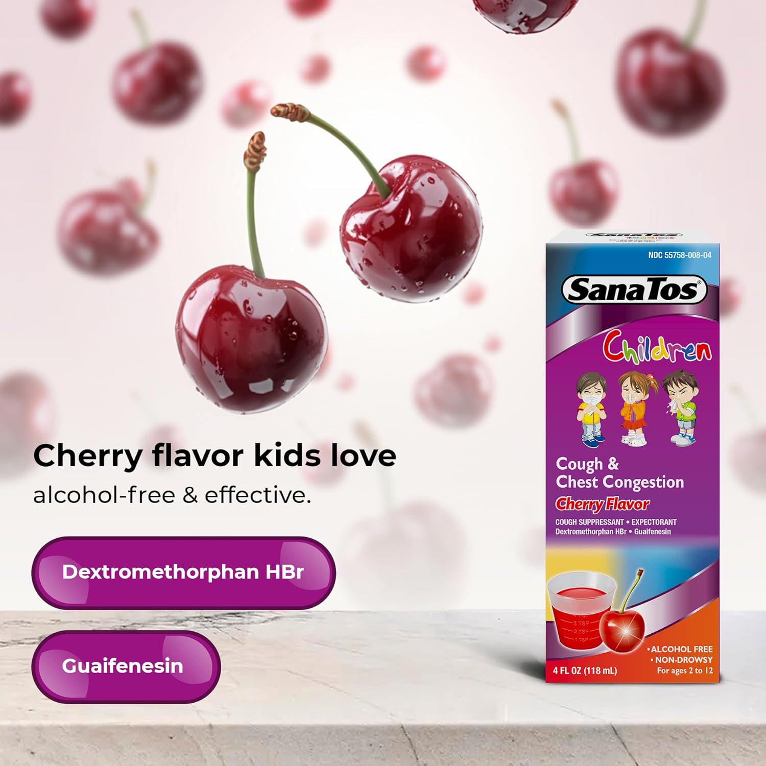 SanaTos Non Drowsy Children Mucus Cough & Chest Congestion Relief, Cherry Flavor 4oz - Image 2