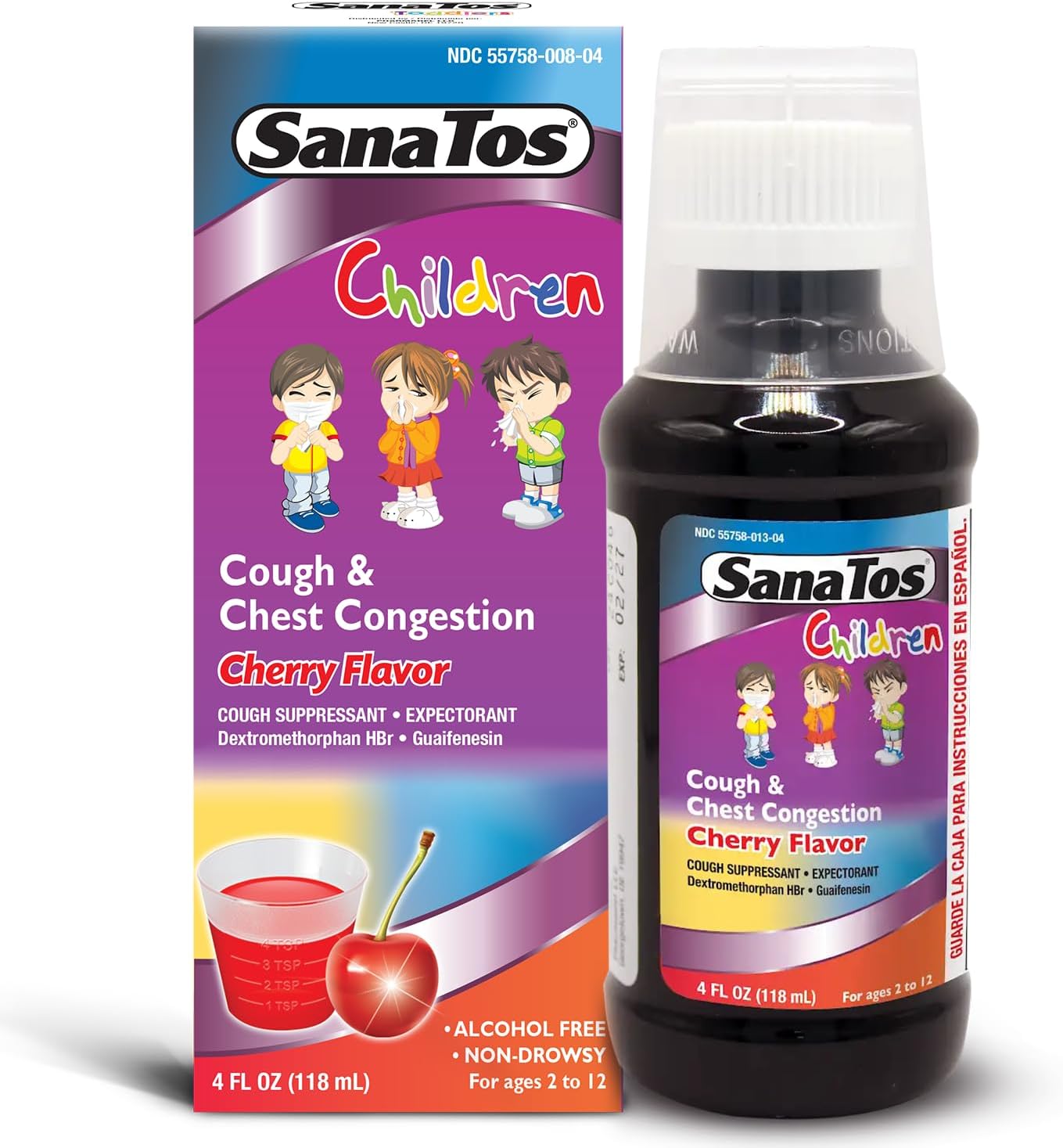 SanaTos Non Drowsy Children Mucus Cough & Chest Congestion Relief, Cherry Flavor 4oz