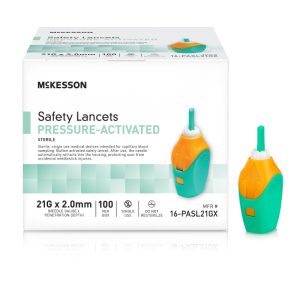 McKesson Pressure Activated Safety Lancets, 21 Gauge Retractable Pressure Activated Finger, Green - BX/100