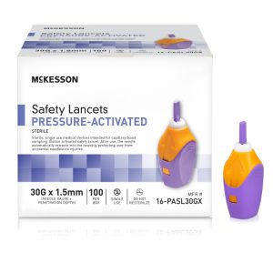McKesson Pressure Activated Safety Lancets, 30 Gauge Retractable Pressure Activated Finger, Purple - BX/100