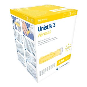 Unistik 3 Normal Safety Lancet 23 Gauge Retractable Push Button Activation Finger - BX/100