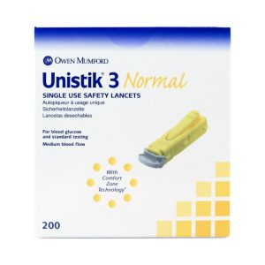 Unistik 3 Normal Safety Lancet, 23 Gauge Retractable Push Button Activation Finger - BX/200