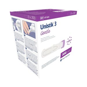Unistik 3 Comfort Safety Lancet 28 Gauge Retractable Push Button Activation Finger - BX/100