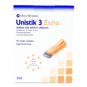 Unistik 3 Extra Safety Lancet, 21 Gauge, 2-millimeter Depth, Retractable Push Button Activation Finger - BX/100