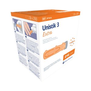 Unistik 3 Extra Safety Lancet, 21 Gauge, 2 mm Depth Gauge Retractable Push Button Activation Finger- BX/200