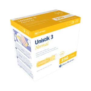 Unistik 3 Normal Safety Lancet, 23 Gauge Retractable Push Button Activation Finger, 1.8 mm Depth - BX/50