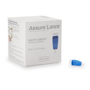 Assure Lance 25G Safety Lancets, 25 Gauge, 2 mm Depth, Dark Blue, Protective Safety Cap Push Button Activation Finger - BX/100