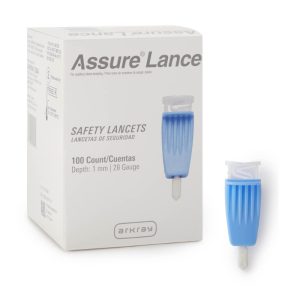 Assure Safety Lancet, 28 Gauge, 1.0 mm Depth Gauge Protective Safety Cap Push Button Activation Finger, Light Blue - BX/100