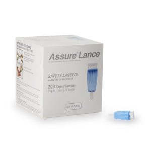 Assure Lance Safety Lancet, 28 gauge, 1 mm Depth Gauge Protective Safety Cap Push Button Activation Finger, Light Blue - BX/200