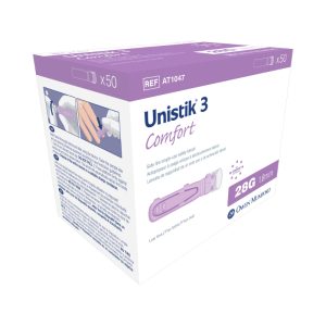 Unistik 3 Comfort Safety Lancet, 28 Gauge Visual Lockout Push Button Activation Finger - BX/50