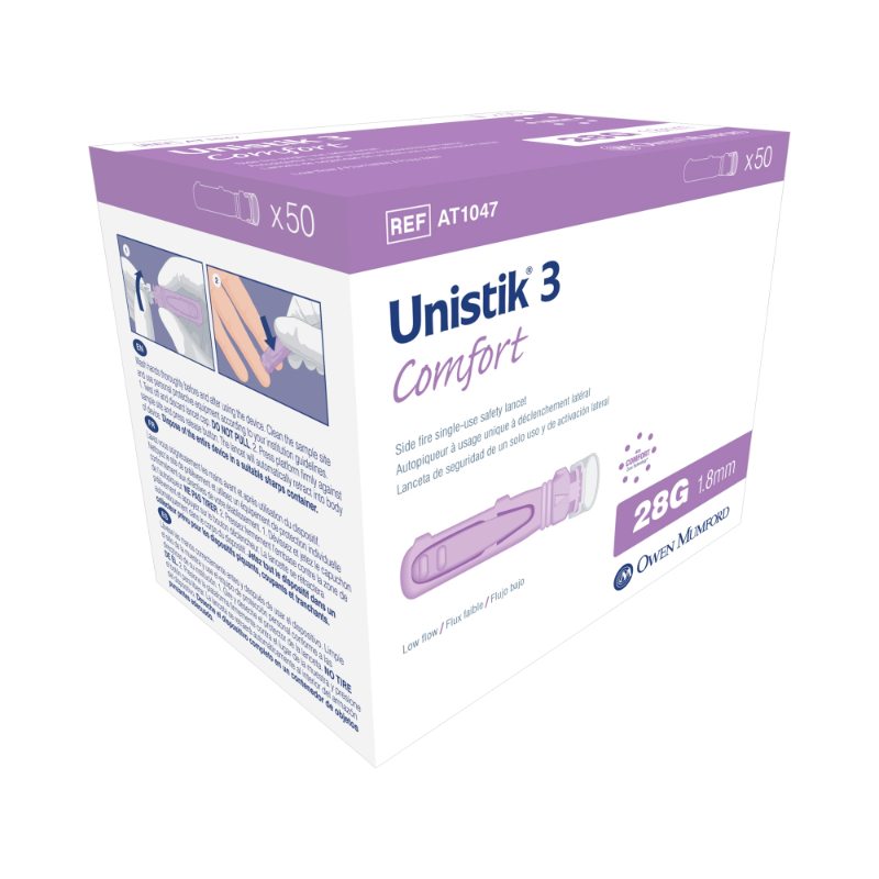 Unistik 3 Comfort Safety Lancet, 28 Gauge Visual Lockout Push Button Activation Finger - BX/50