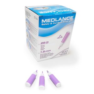 Medlance Plus Safety Lancet, 25 Gauge Gauge Safety Puncture Control Push Button Activation Finger, 1.5 mm Depth, Purple- BX/200