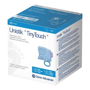 Pediatric Lancet Unistik Tiny Touch 2.5 mm Blade Retractable Push Button Activation Heel - BX/50